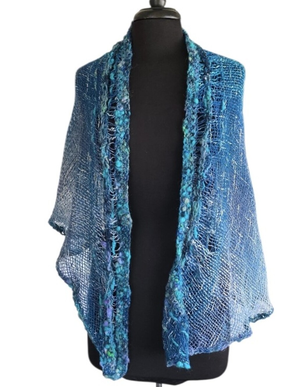 Vintage Y2K Boho Chic Triangle Shawl Blue Teal Knit Wrap Scarf Mermaidcore